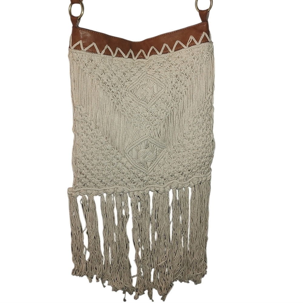 Cream and Brown Macramé Crossbody Bag - Picture 8 of 9
